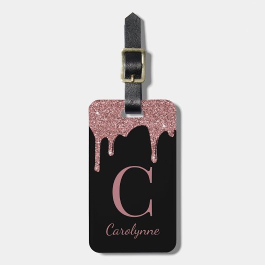 Chic Roos Gold Glitter Drift Monogram op zwart Bagagelabel (Voorkant verticaal)