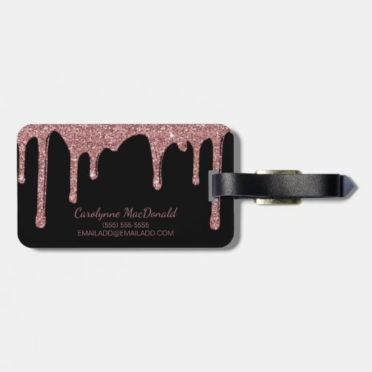 Chic Roos Gold Glitter Drift Monogram op zwart Bagagelabel (Achterkant horizontaal)