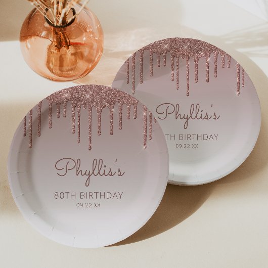 Chic Roos Gold Glitter Drip 80th Birthday Party Papieren Bordje