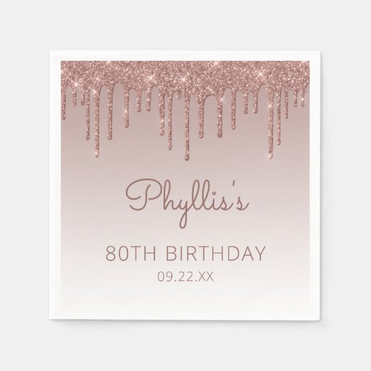 Chic Roos Gold Glitter Drip 80th Birthday Party Servet (Voorkant)