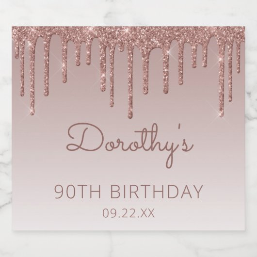 Chic Roos Gold Glitter Drip 90e verjaardag Sparkling Wijnetiket (Enkel label)