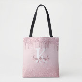Chic Roos Gold Glitter Drip Ombre Roze Monogram Tote Bag (Voorkant)