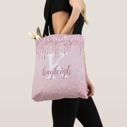 Chic Roos Gold Glitter Drip Ombre Roze Monogram Tote Bag (Dichtbij)