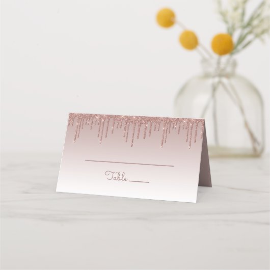 Chic Roos Gold Glitter Drip Party Folded Plaatskaartje (Voorkant)