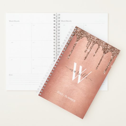 Chic Roos Gold Glitter Drips Monogram Naam 2025 Planner (Display)