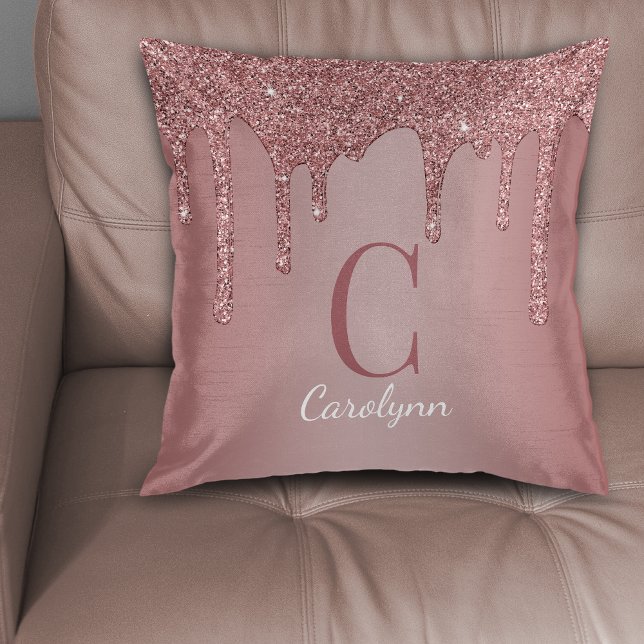 Chic Roos Gold Glitter Drivers Monogram Kussen (Chic Rose Gold Glitter Drips Monogram Throw Pillow)
