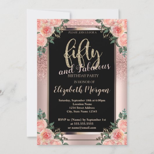 Chic Roos Gold Glitter Flowers 50e verjaardag Kaart (Voorkant)