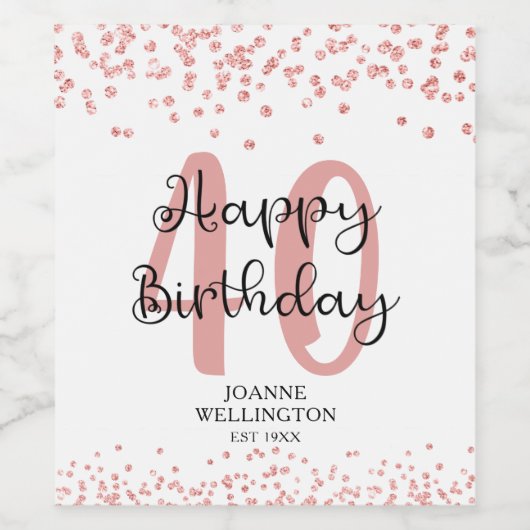 Chic Roos Gold Glitter HAPPY 40th BIRTHDAY Wijn Etiket (Enkel label)