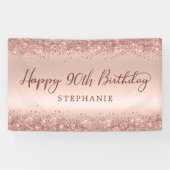 Chic Roos Gold Glitter Happy 90th Birthday Script Spandoek (Horizontaal)