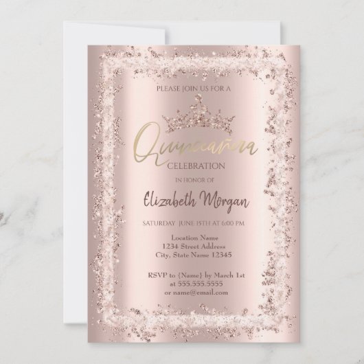 Chic Roos Gold Glitter Lijst Crown Quinceañera Kaart (Voorkant)