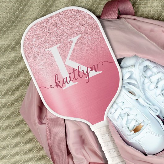 Chic Roos Gold Glitter Monogram Script Name Pickleball Paddle
