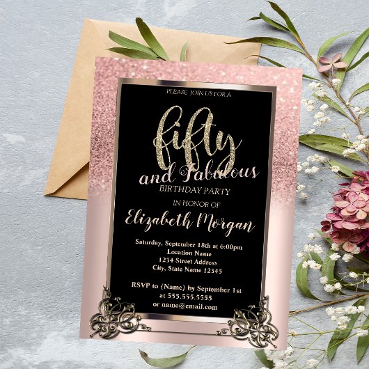 Chic Roos Gold Glitter Ombre 50e verjaardag Kaart