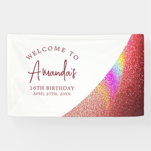 Chic Roos Gold Glitter Rainbow Sweet 16 Verjaardag Spandoek (Horizontaal)