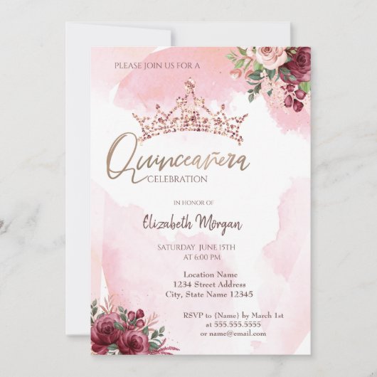 Chic Roos Gold Glitter Rozen Crown Quinceañera Kaart (Voorkant)