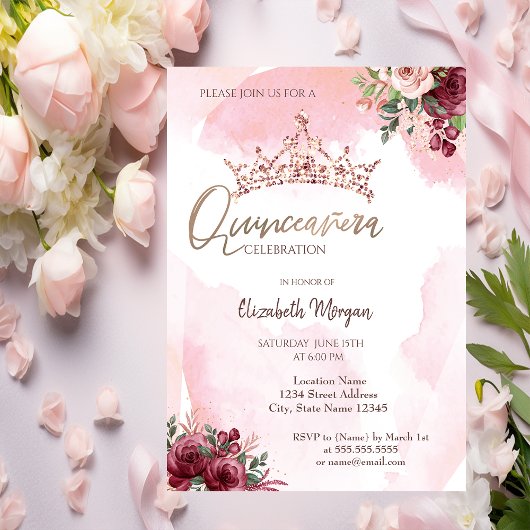 Chic Roos Gold Glitter Rozen Crown Quinceañera Kaart