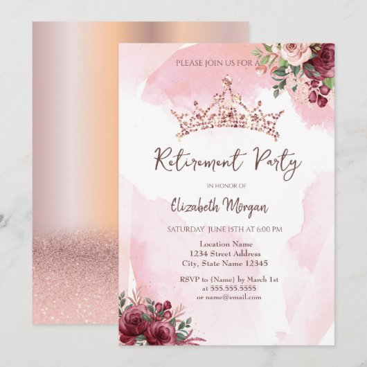 Chic Roos Gold Glitter Rozen Crown Retirement Kaart (Voorkant / Achterkant)