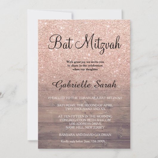 Chic roos gold glitter rustig wood Bat Mitzvah Kaart (Voorkant)