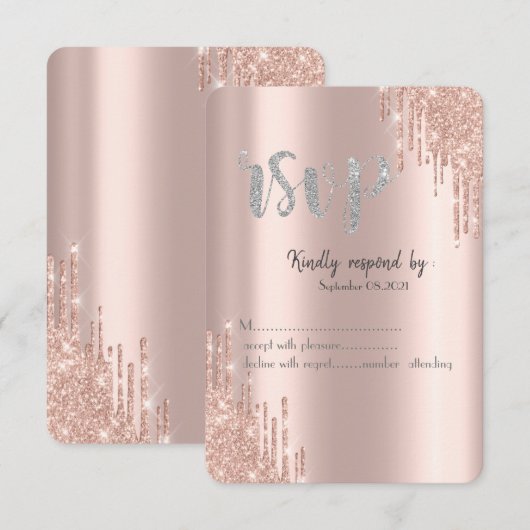 Chic Roos Gold Glitter-schijven Silver RSVP Kaart (Voorkant / Achterkant)