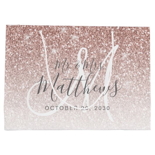Chic Roos Gold Glitter Script Monogram Weddenschap Groot Cadeauzakje (Achterkant)