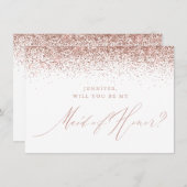 Chic Roos Gold Glitter Script White Maid of Honor Kaart (Voorkant / Achterkant)