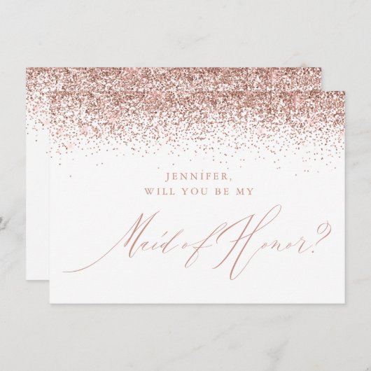 Chic Roos Gold Glitter Script White Maid of Honor Kaart (Voorkant / Achterkant)