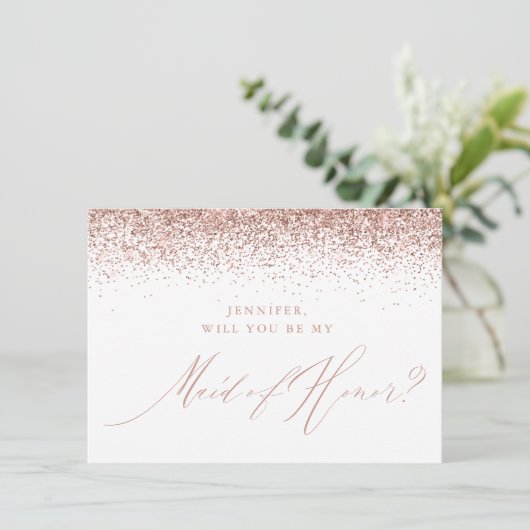 Chic Roos Gold Glitter Script White Maid of Honor Kaart (Staand voorkant)