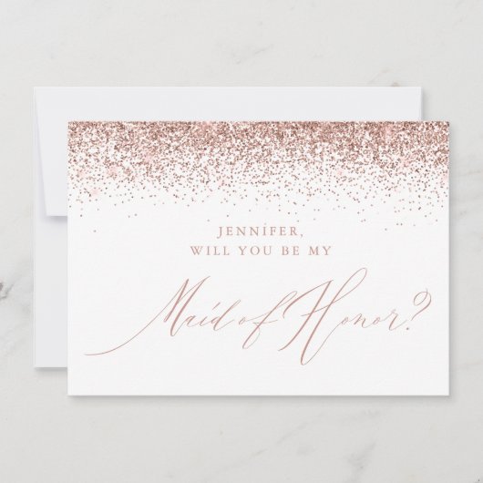 Chic Roos Gold Glitter Script White Maid of Honor Kaart (Voorkant)