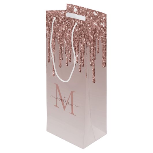 Chic Roos Gold Glitter Sparkle Driemonogram Wijn Cadeautas (Achterkant Gekanteld)
