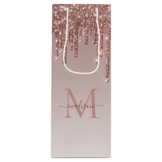 Chic Roos Gold Glitter Sparkle Driemonogram Wijn Cadeautas (Voorkant)