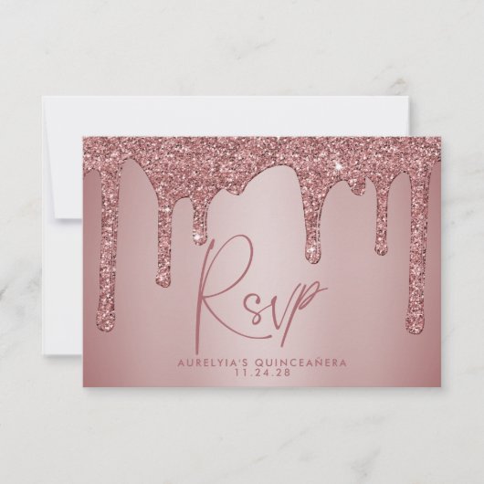Chic Roos Gold Glitter Sparkle Quinceañera RSVP Kaartje (Voorkant)