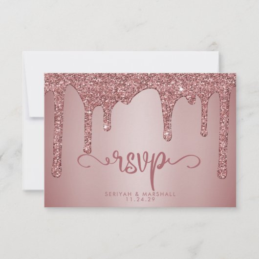 Chic Roos Gold Glitter Sparkle Wedding RSVP Kaartje (Voorkant)