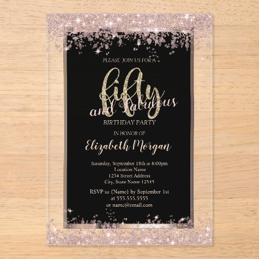 Chic Roos Gold Glitter Sparkles 50th Birthday Acryl Uitnodigingen (Voorkant)