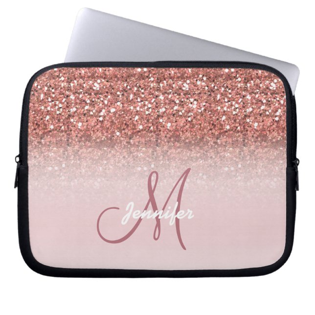 Chic Roos Gold Glitter Sparkles Girly Monogram Laptop Sleeve (Voorkant)