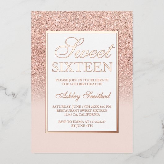 Chic roos gold glitter sparkles ombre Sweet 16 Folie Uitnodiging (Voorkant)