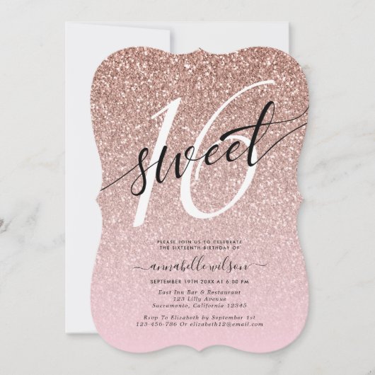 Chic Roos Gold Glitter Sweet 16 Birthday Party Kaart (Voorkant)