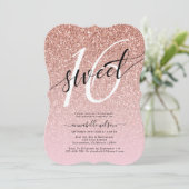Chic Roos Gold Glitter Sweet 16 Birthday Party Kaart (Staand voorkant)
