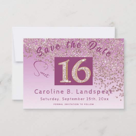 Chic Roos Gold Glitter Sweet 16 Save The Date (Voorkant)