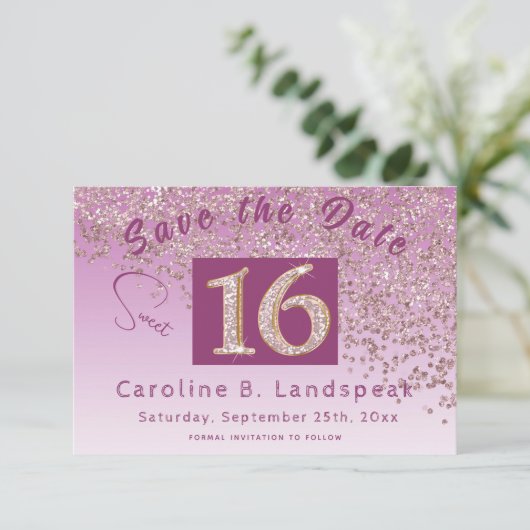 Chic Roos Gold Glitter Sweet 16 Save The Date (Staand voorkant)