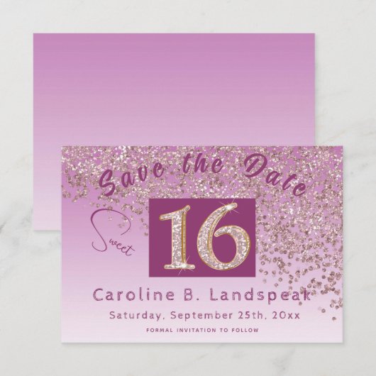 Chic Roos Gold Glitter Sweet 16 Save The Date (Voorkant / Achterkant)