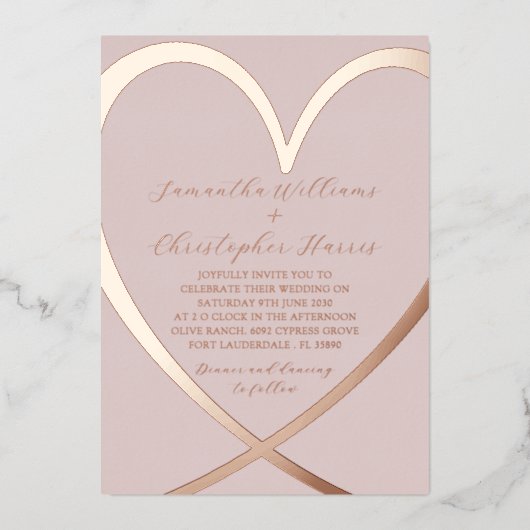 Chic Roos Gold Heart Wedding Folie Uitnodiging (Voorkant)