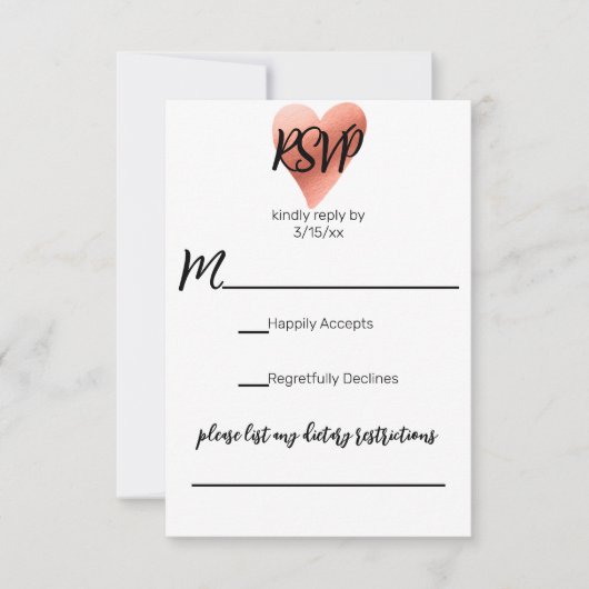 Chic Roos Gold Heart Wedding RSVP Kaartje (Voorkant)