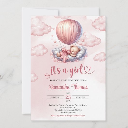 Chic roos gold het is een meisje slapen teddybeer kaart (Voorkant)