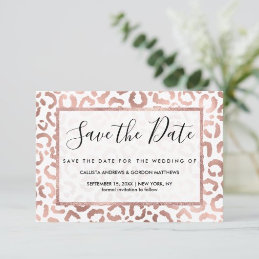 Chic Roos Gold Leopard Cheetah Animal Print Save The Date (Staand voorkant)