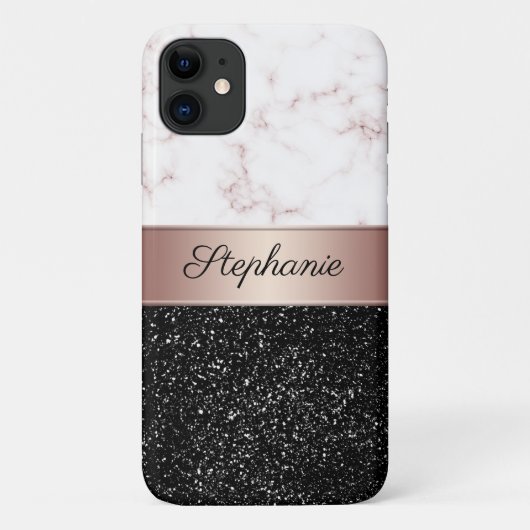 Chic Roos Gold Marble Black Glitter Naam toevoegen Case-Mate iPhone Case (Achterkant)