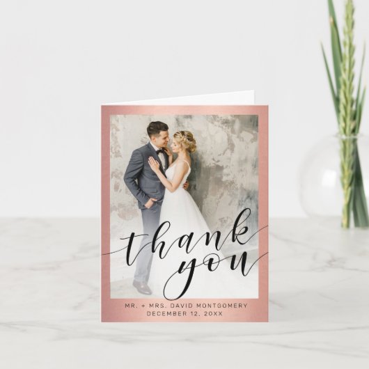 Chic Roos Gold Metallic Black Script Photo Weddens Bedankkaart (Voorkant)