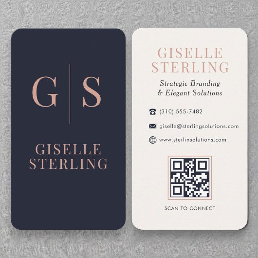 Chic Roos Gold Monogram Navy Blue QR Code Visitekaartje