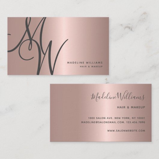 Chic Roos Gold Monogram Script Initiaal Stylist Visitekaartje (Voorkant / Achterkant)