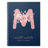 Chic Roos Gold Navy Floral Waterverf Monogram Notitieboek (Voorkant)