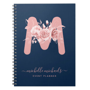Chic Roos Gold Navy Floral Waterverf Monogram Notitieboek