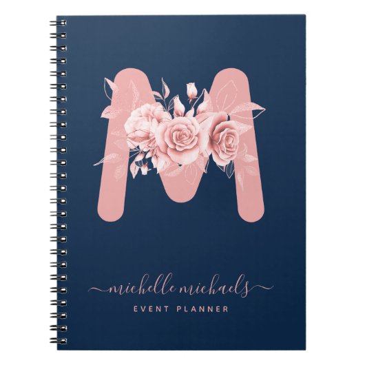 Chic Roos Gold Navy Floral Waterverf Monogram Notitieboek (Voorkant)